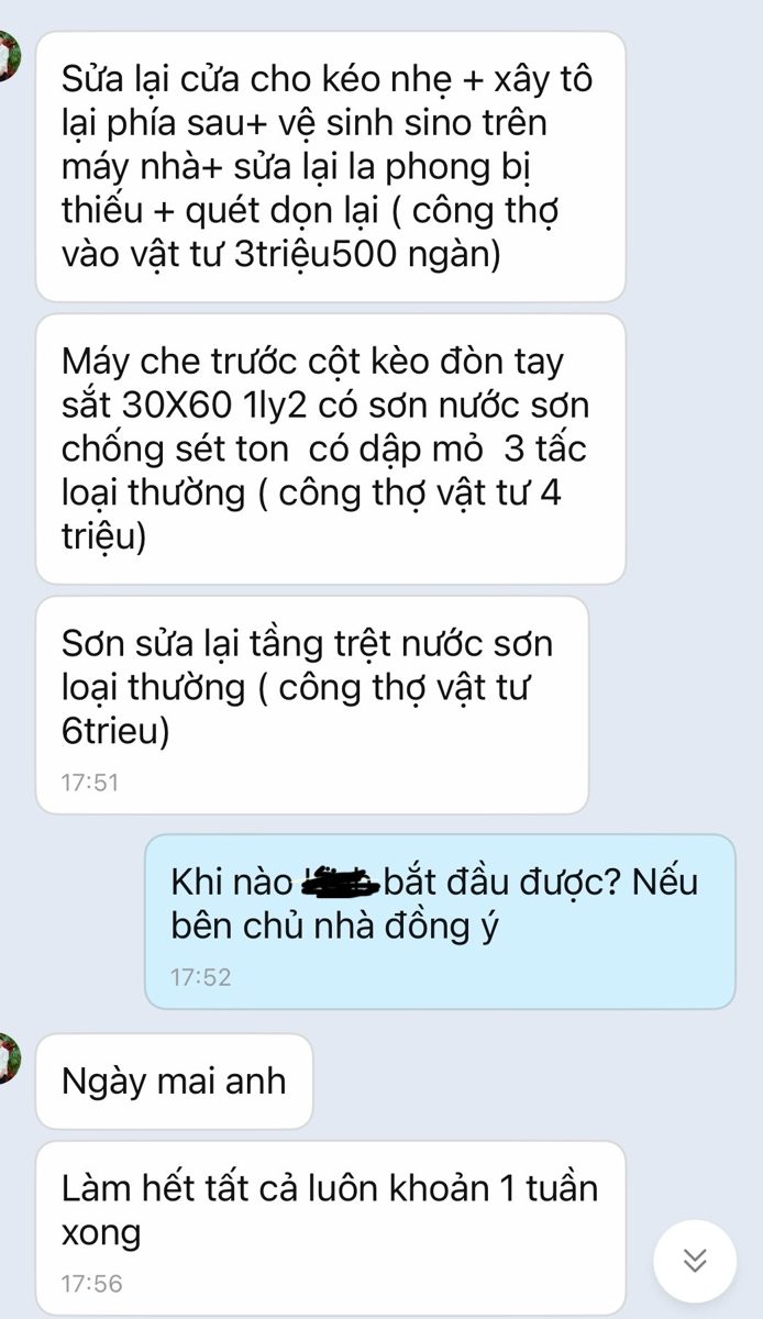 Tin nhắn trao đổi báo giá giữa chủ nhà và thợ